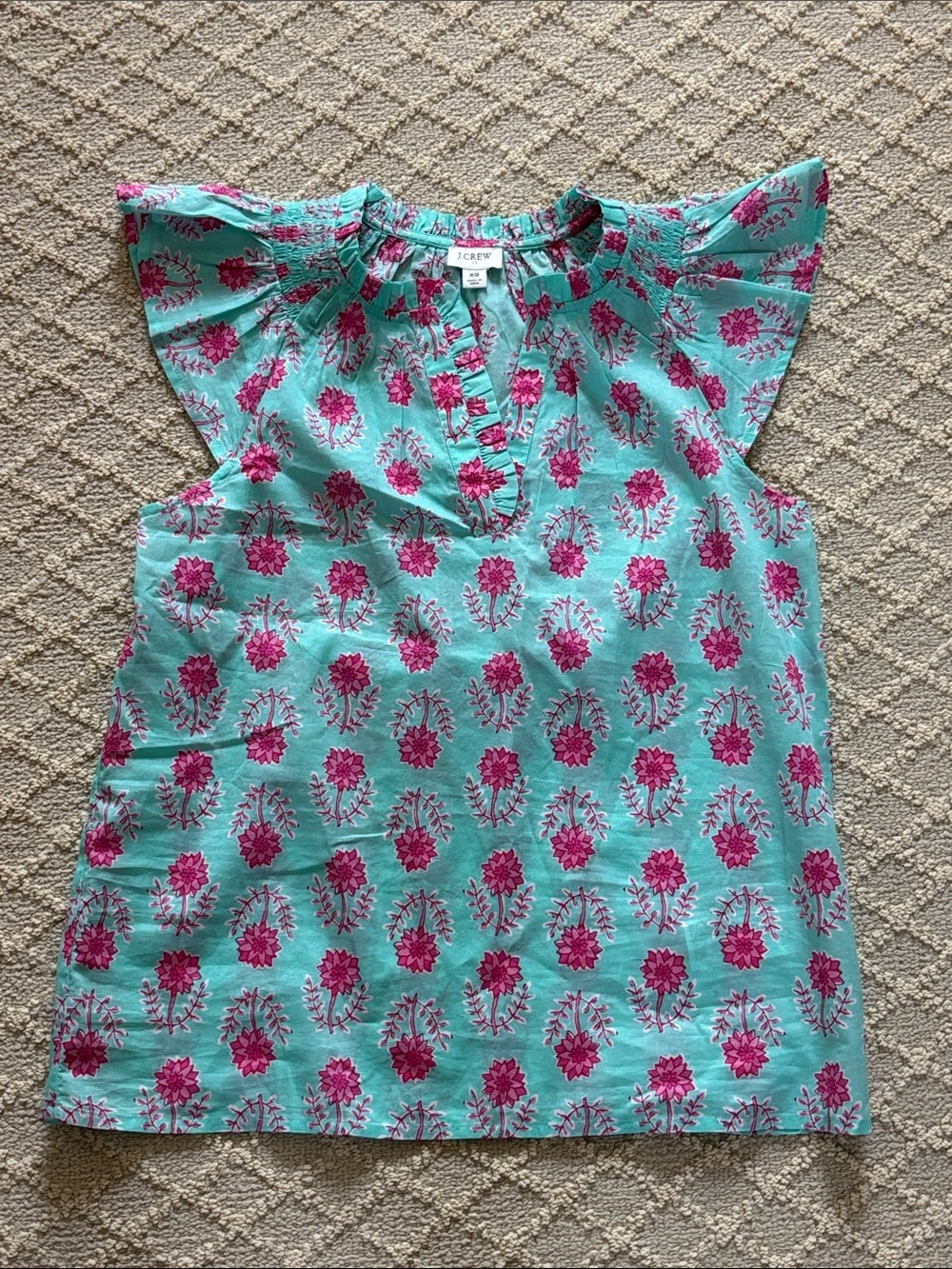 J. Crew Factory Aqua & Fuchsia Flutter Sleeve Cotton Top